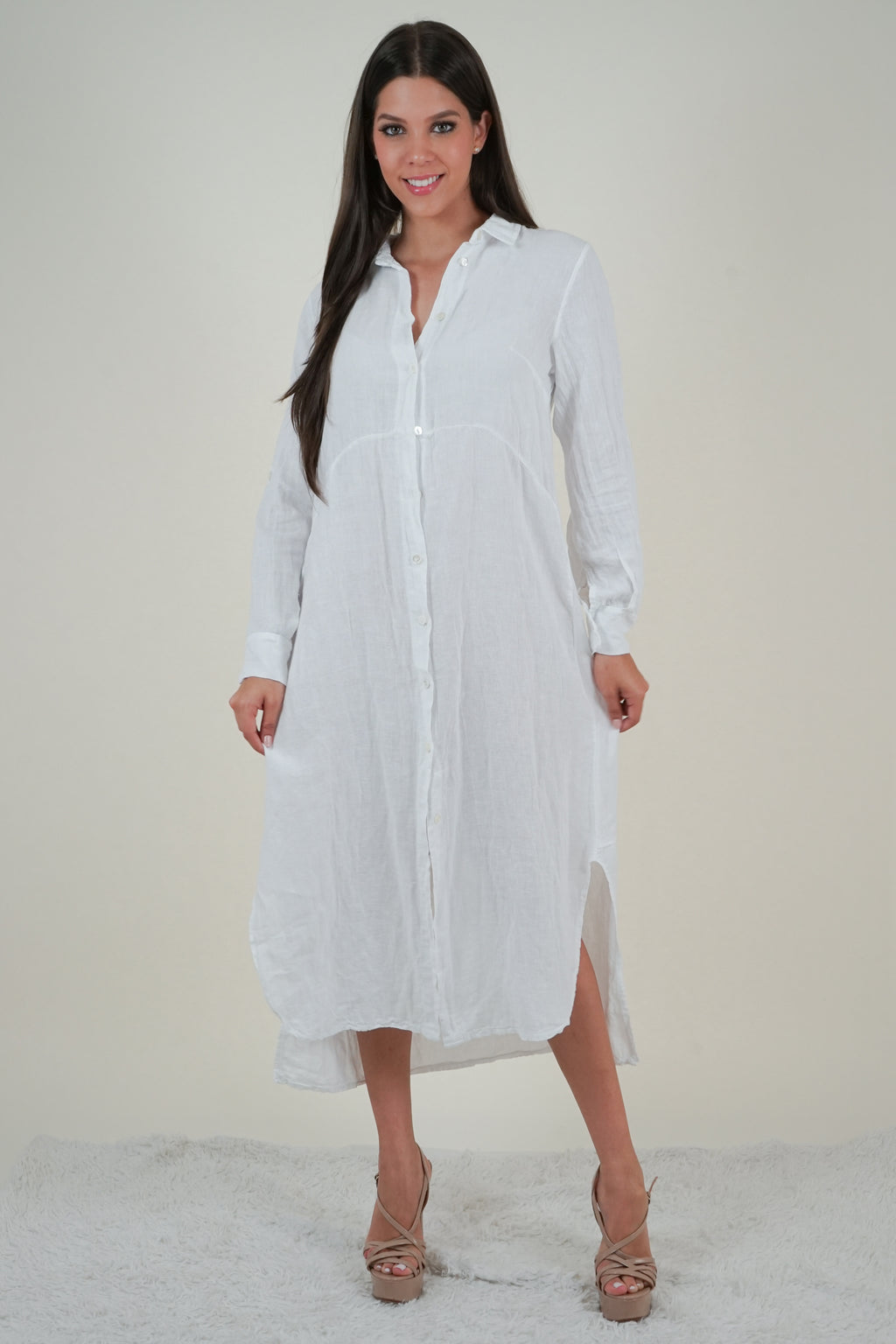 White Linen Long Shirt Dress