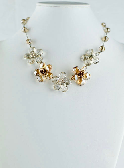 Light brown and clear crystal flowers necklace