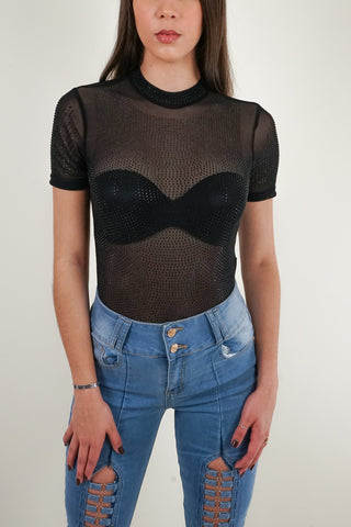 Black Short Sleeves All Over Sequin Top