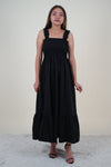 Black Shirred Bodice Ruffle Hem Long Dress