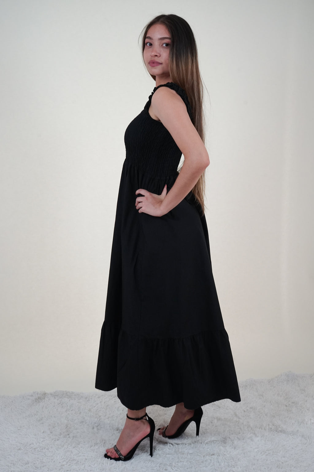Black Shirred Bodice Ruffle Hem Long Dress