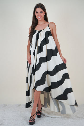 White and Black Print Long Dress