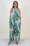 Green and Beige Tropical Print  Jumpsuits