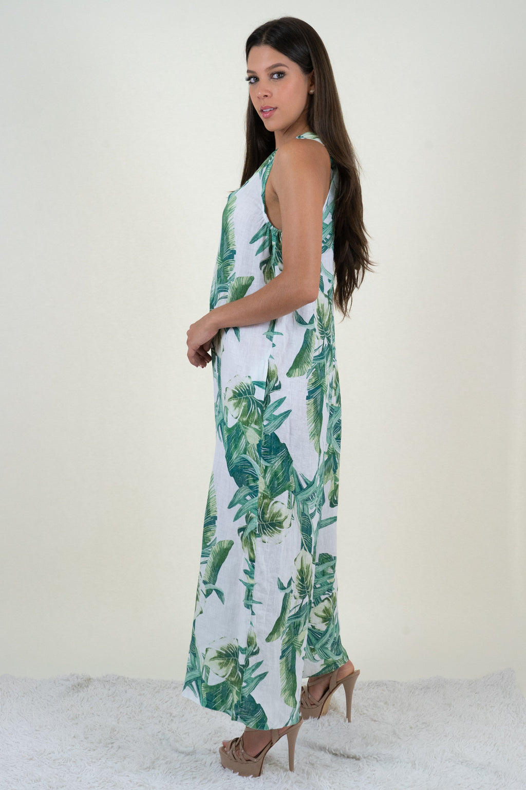 Green and White Tropical Print Jumpsuit