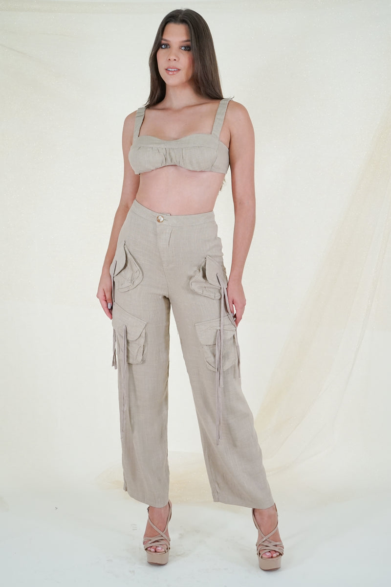 Khaki Linen Cargo Pants Set