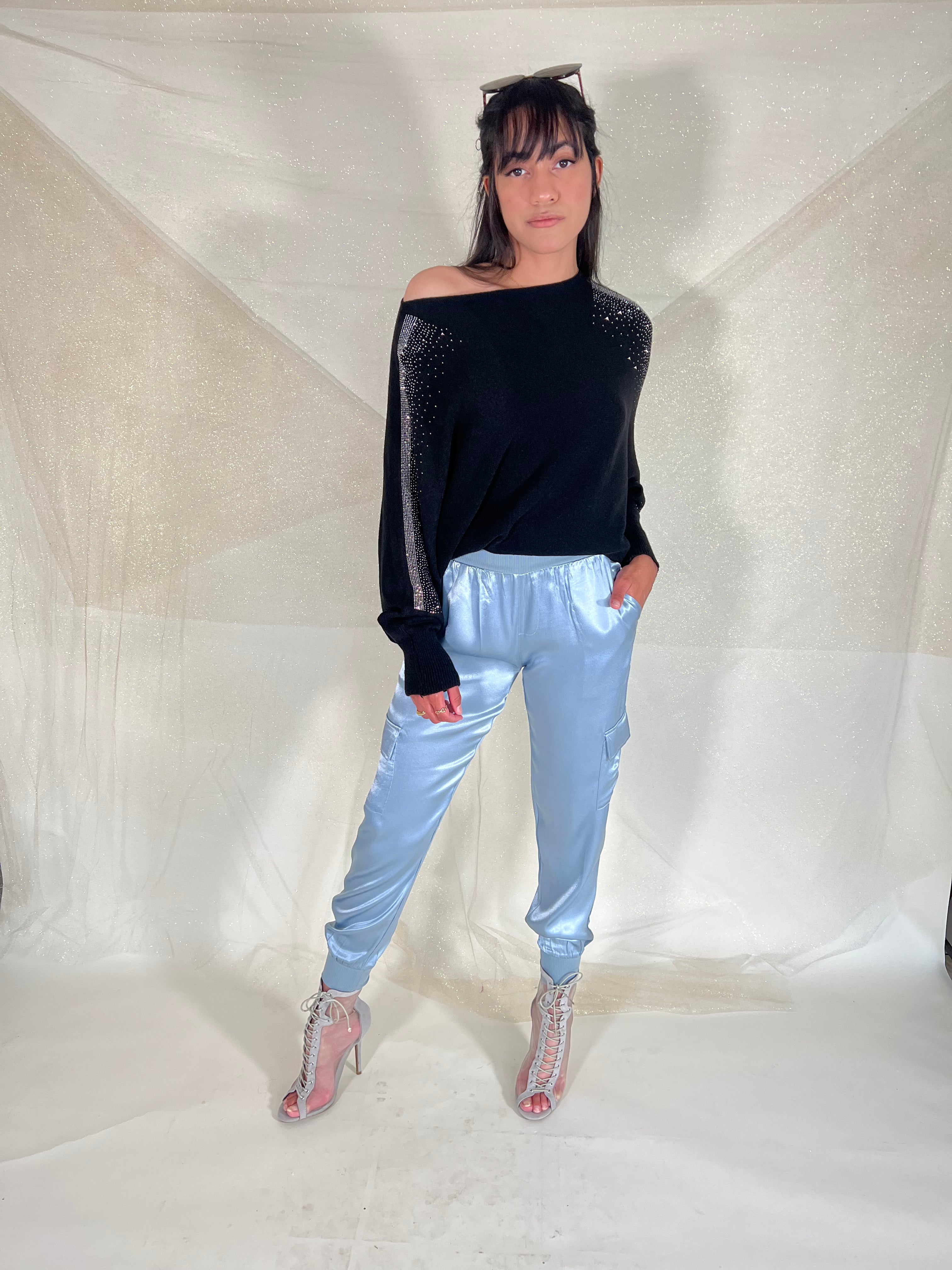 Blue satin joggers deals