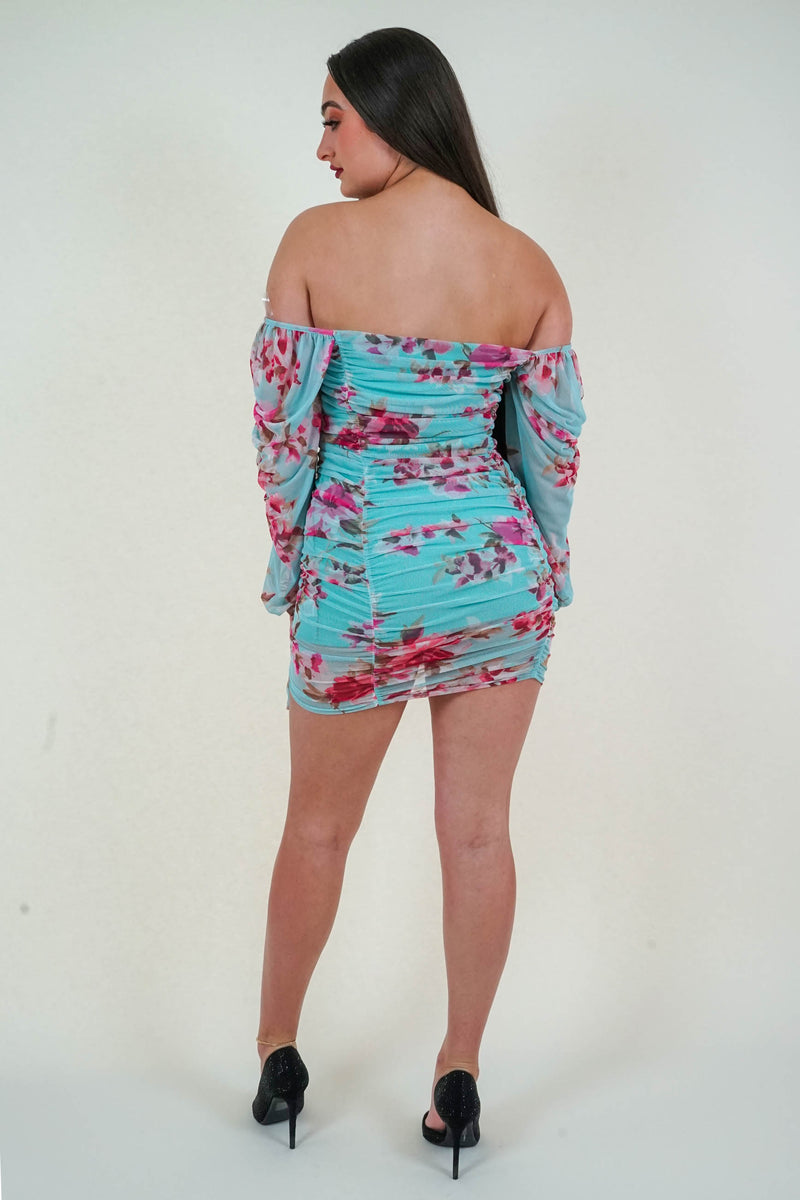 Long Sleeves Summer Print Ruched Mini Dress