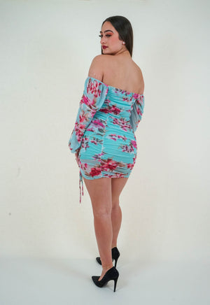 Long Sleeves Summer Print Ruched Mini Dress