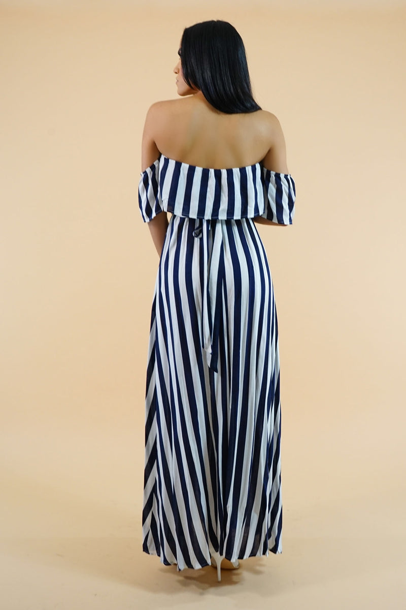 Navy Blue Striped Off-the-Shoulders Maxi Dress