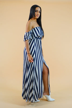 Navy Blue Striped Off-the-Shoulders Maxi Dress