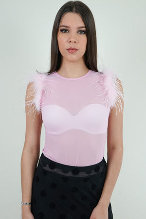 Pink Sleeveless Feathered Top