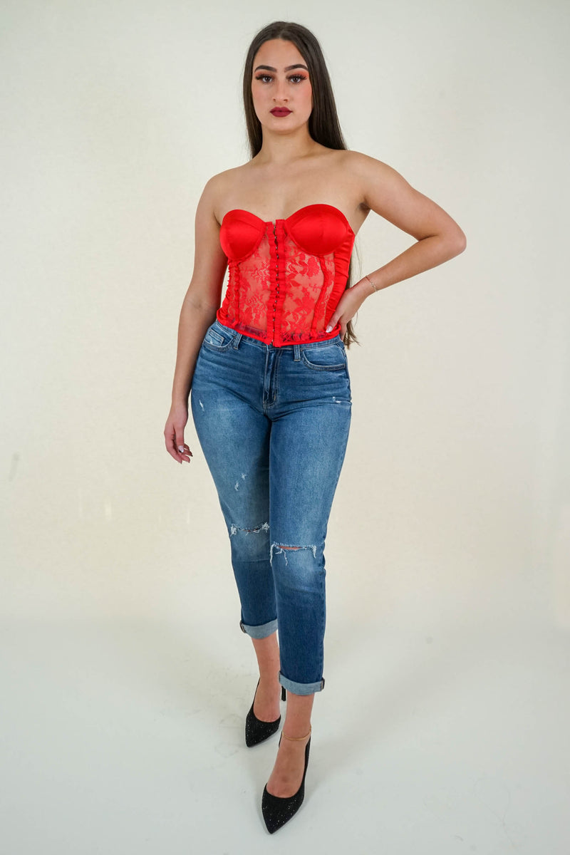 Red Mesh Strapless Bustier