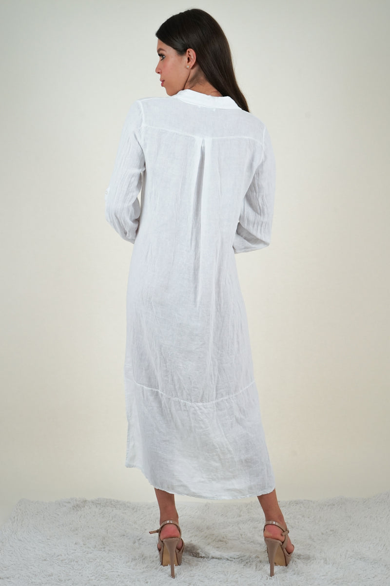 White Linen Long Shirt Dress